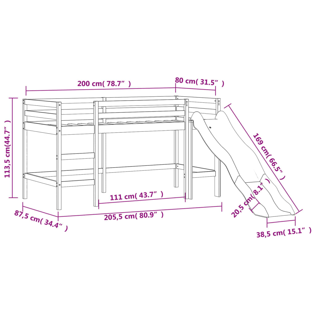 Kids' Loft Bed with Slide Black 80x200 cm Solid Wood Pine