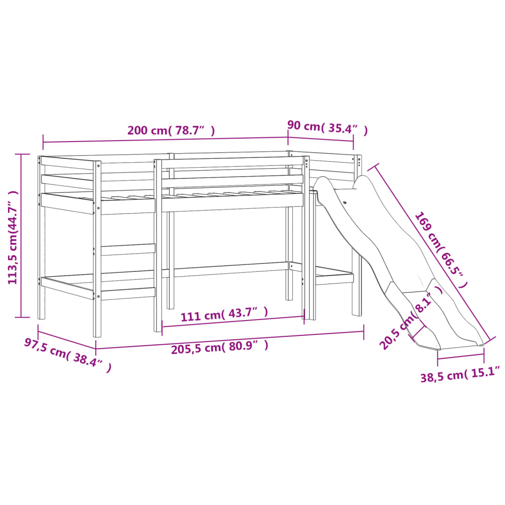 Kids' Loft Bed with Slide White 90x200 cm Solid Wood Pine