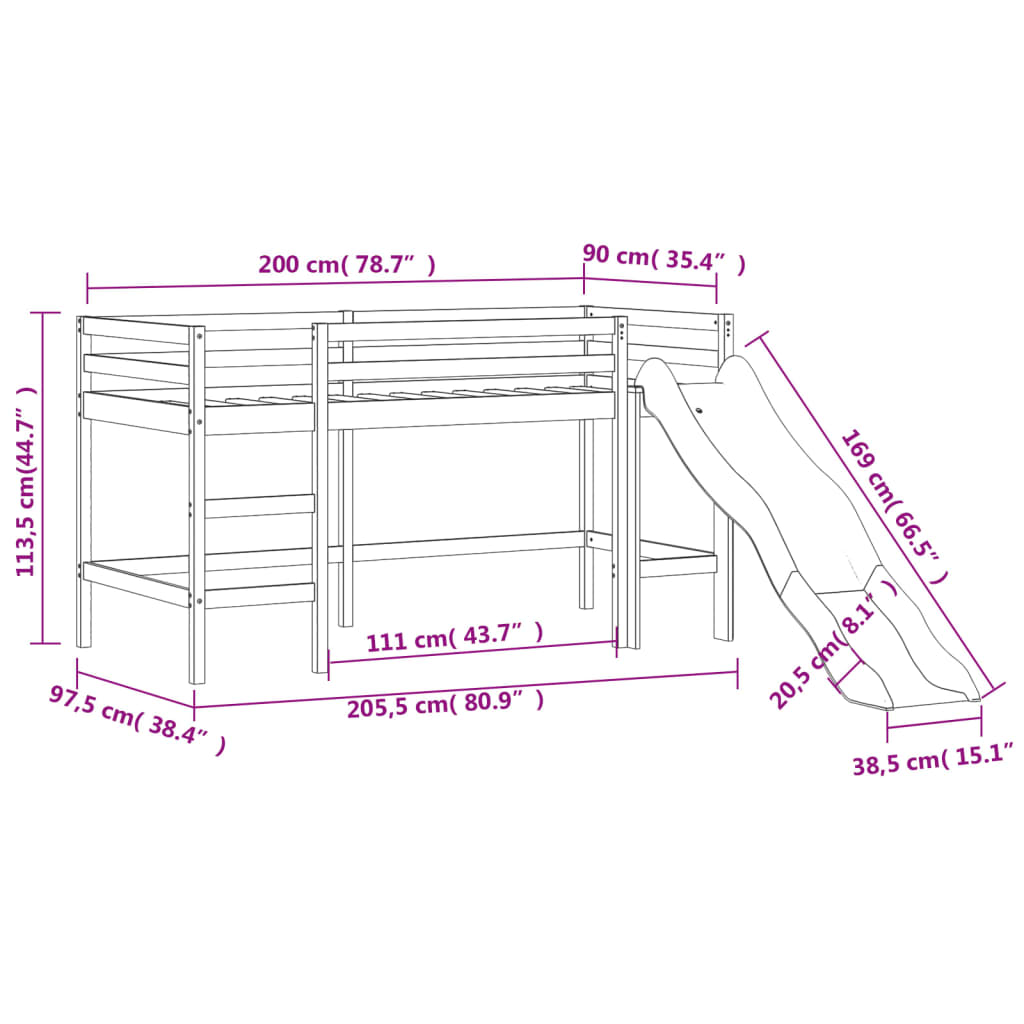 Kids' Loft Bed with Slide Black 90x200 cm Solid Wood Pine