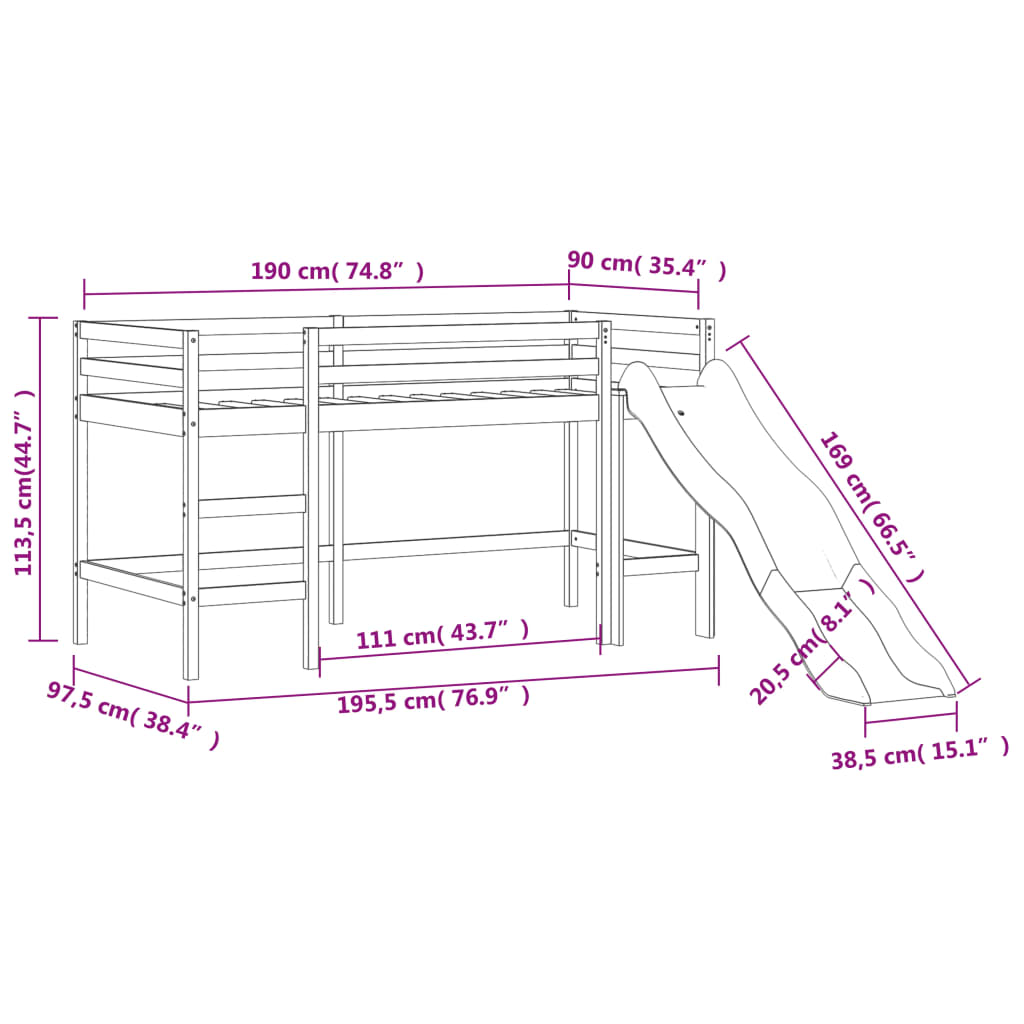 Kids' Loft Bed with Slide Black 90x190 cm Solid Wood Pine