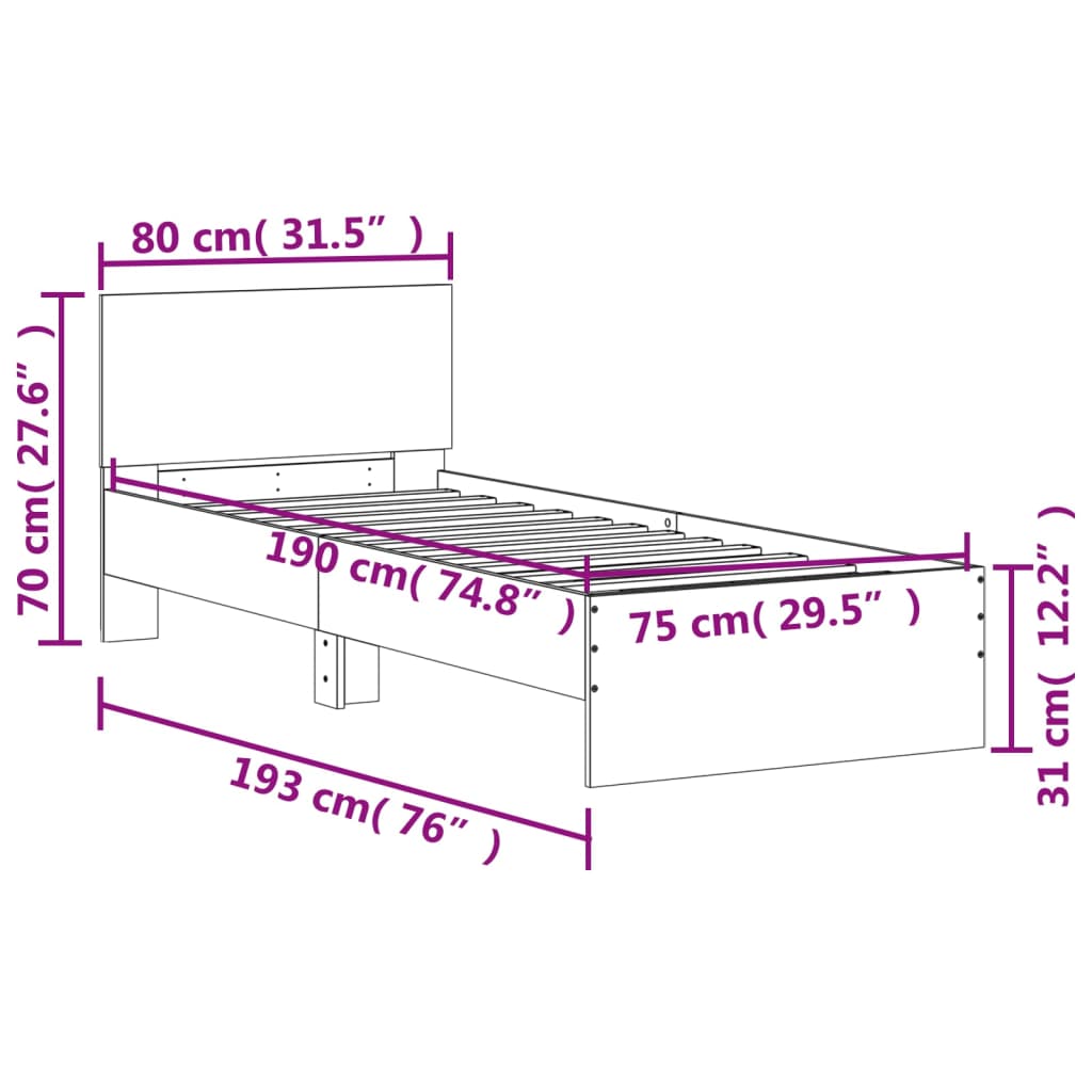 Bed Frame without Mattress with Headboard Black 75x190 cm Small Single