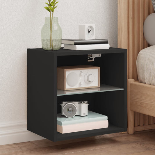 Bedside Cabinet with LED Lights Wall-mounted Black