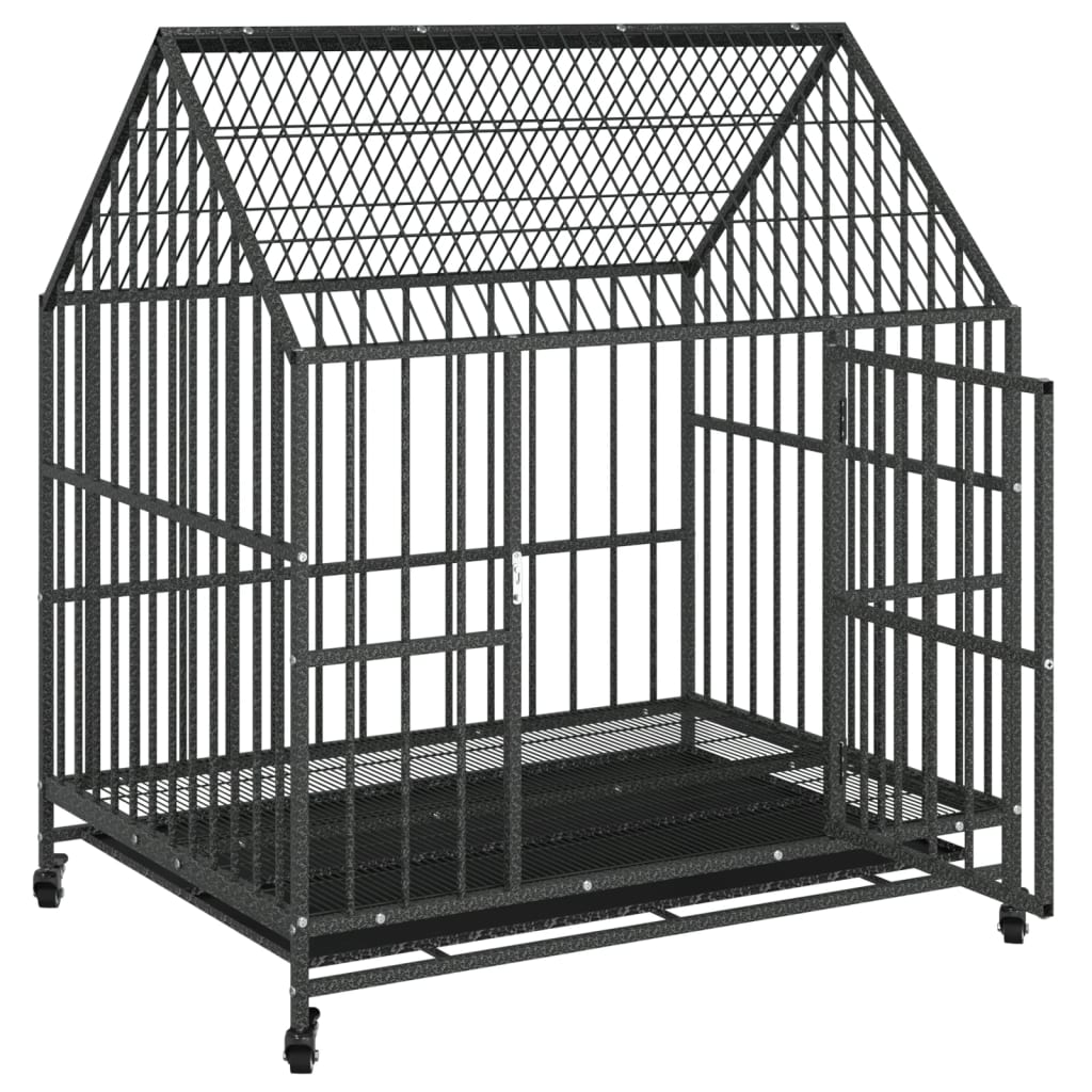 Dog Cage with Wheels Black Galvanised Steel