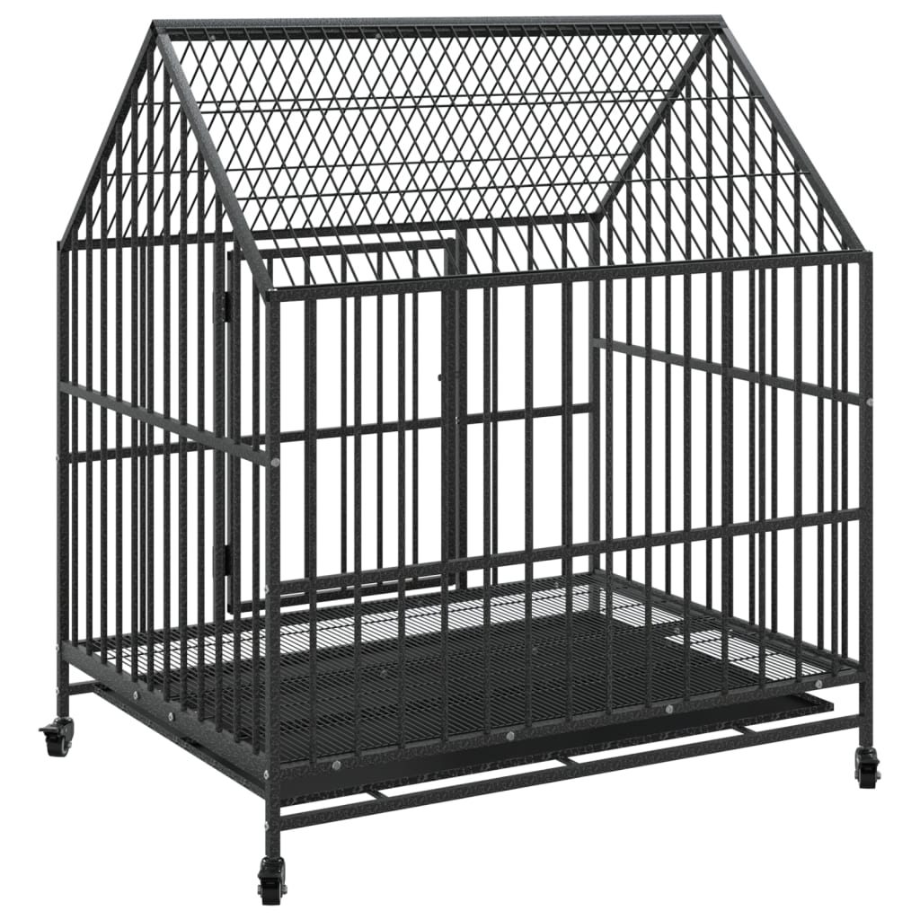 Dog Cage with Wheels Black Galvanised Steel