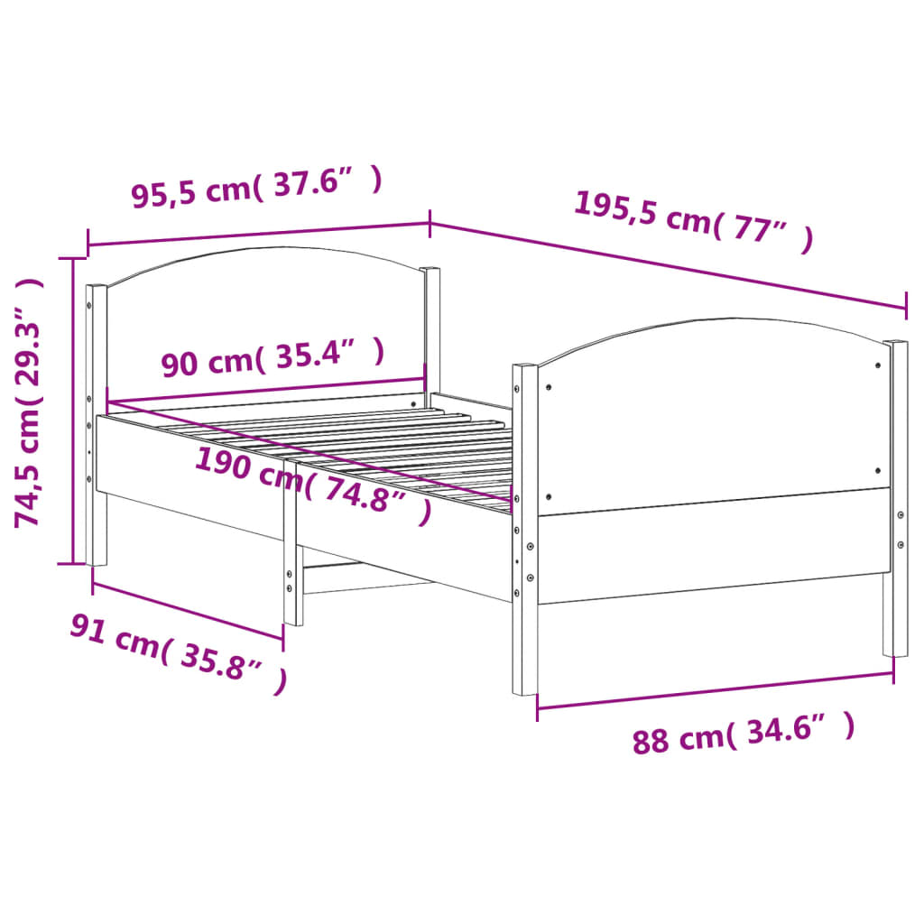 Bed Frame with Headboard White 90x190 cm Single Solid Wood Pine