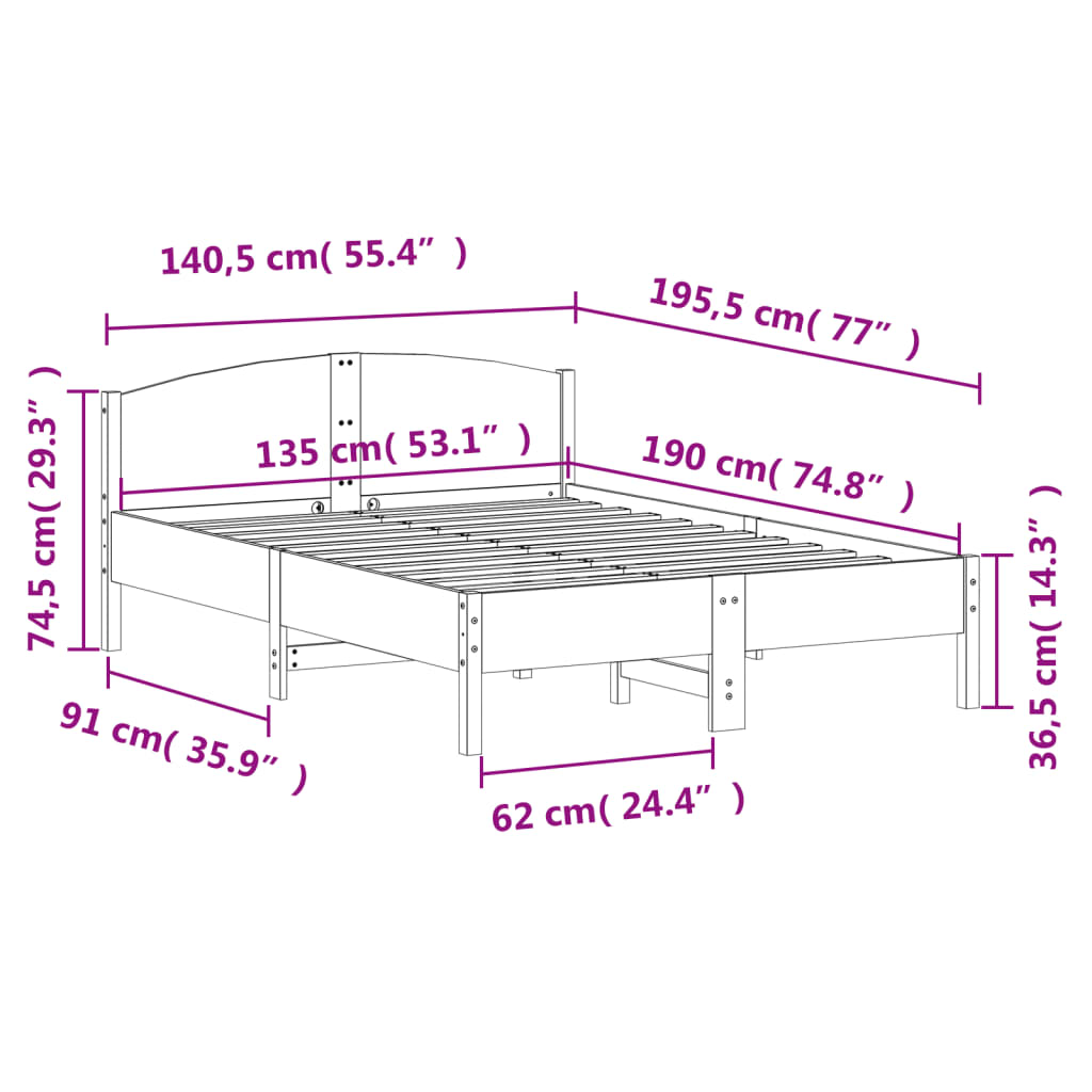 Bed Frame with Headboard 135x190 cm Double Solid Wood Pine