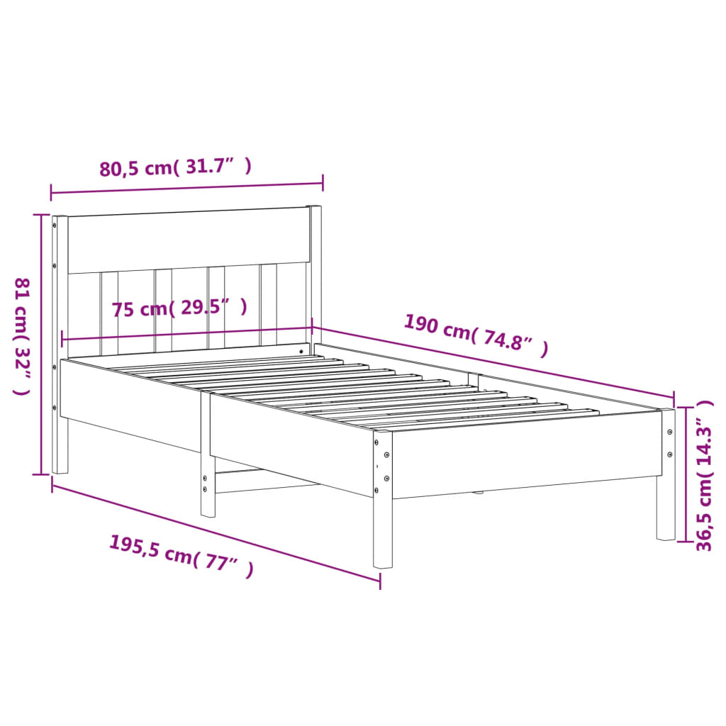 Bed Frame with Headboard Wax Brown 75x190 cm Small Single Solid Wood Pine