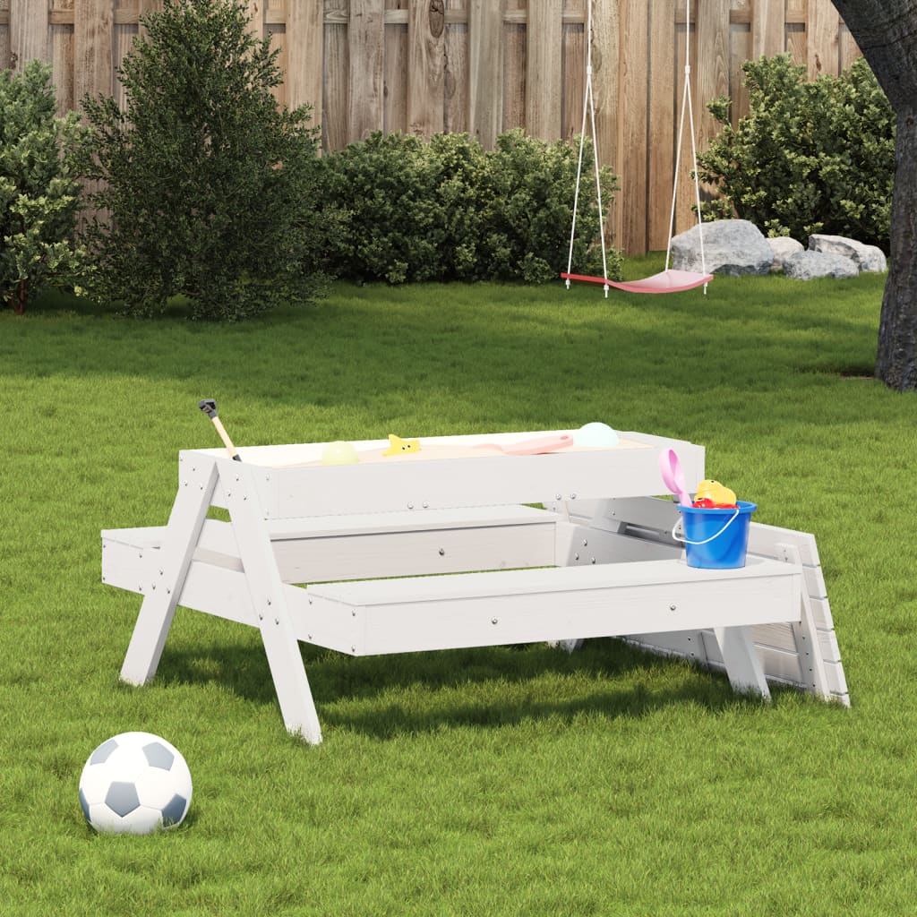 Picnic Table with Sandpit for Kids White Solid Wood Pine