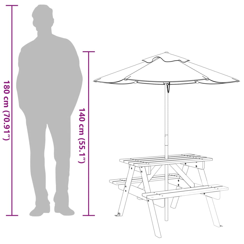 Picnic Table for 4 Kids with Umbrella Solid Wood Fir