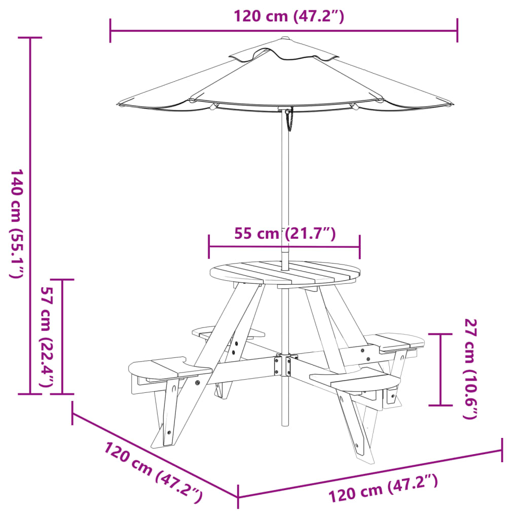 Picnic Table for 4 Kids with Umbrella Round Solid Wood Fir