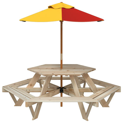 Picnic Table for 6 Kids with Umbrella Hexagon Solid Wood Fir