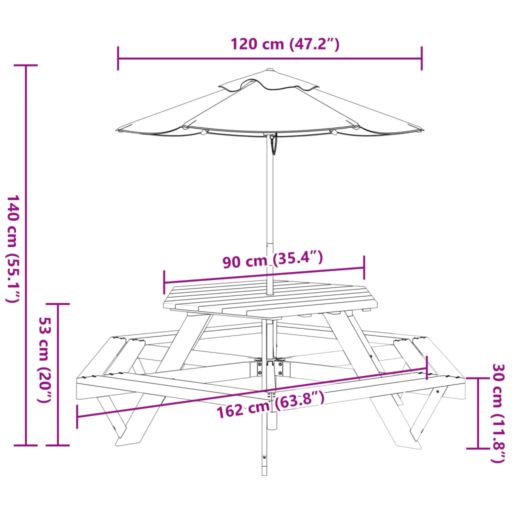 Picnic Table for 6 Kids with Umbrella Hexagon Solid Wood Fir