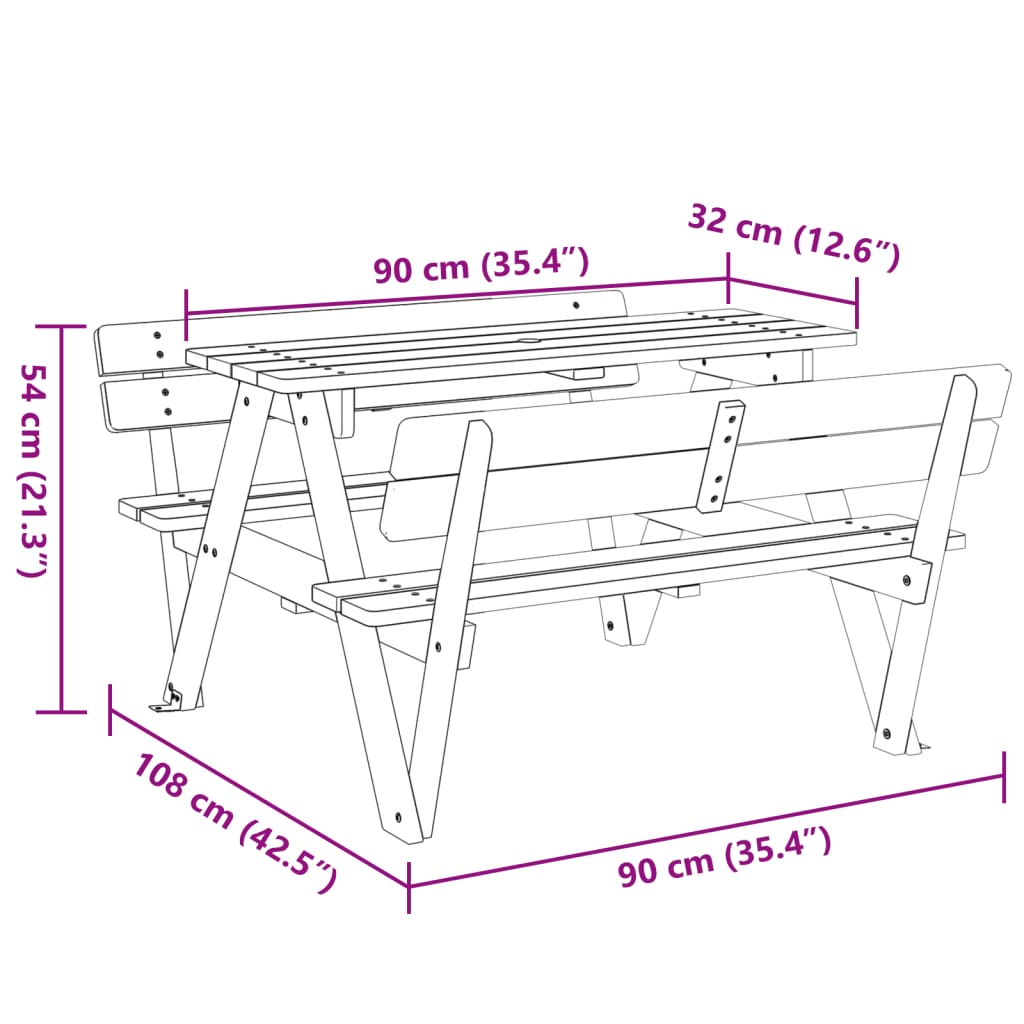 Picnic Table for 4 Kids with Umbrella Hole Solid Wood Fir