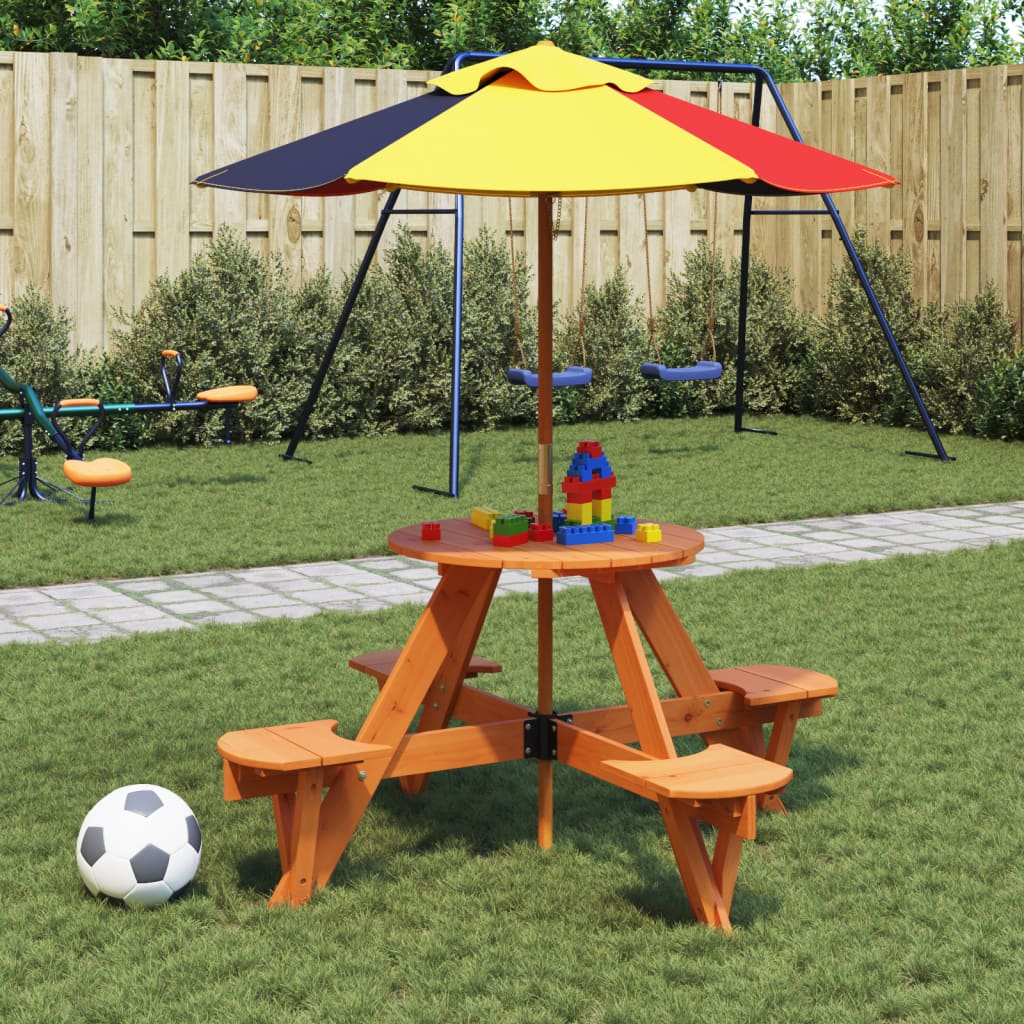 Picnic Table for 4 Kids with Umbrella Hole Round Solid Wood Fir