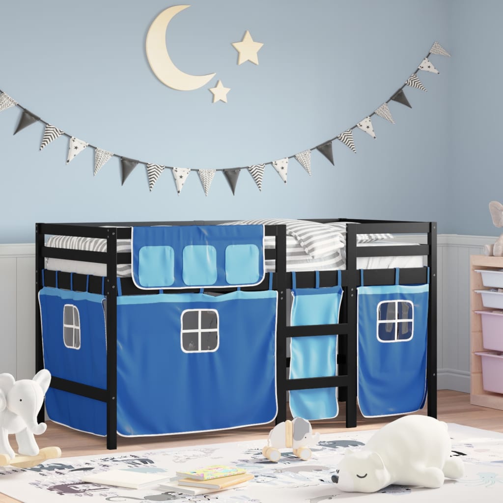 Kids' Loft Bed with Curtains Blue 80x200 cm Solid Wood Pine