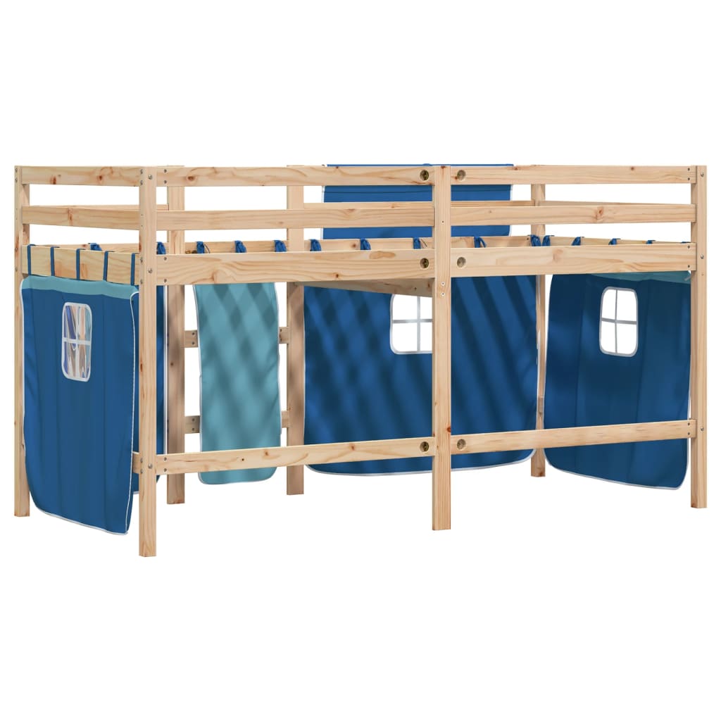 Kids' Loft Bed with Curtains Blue 90x200 cm Solid Wood Pine