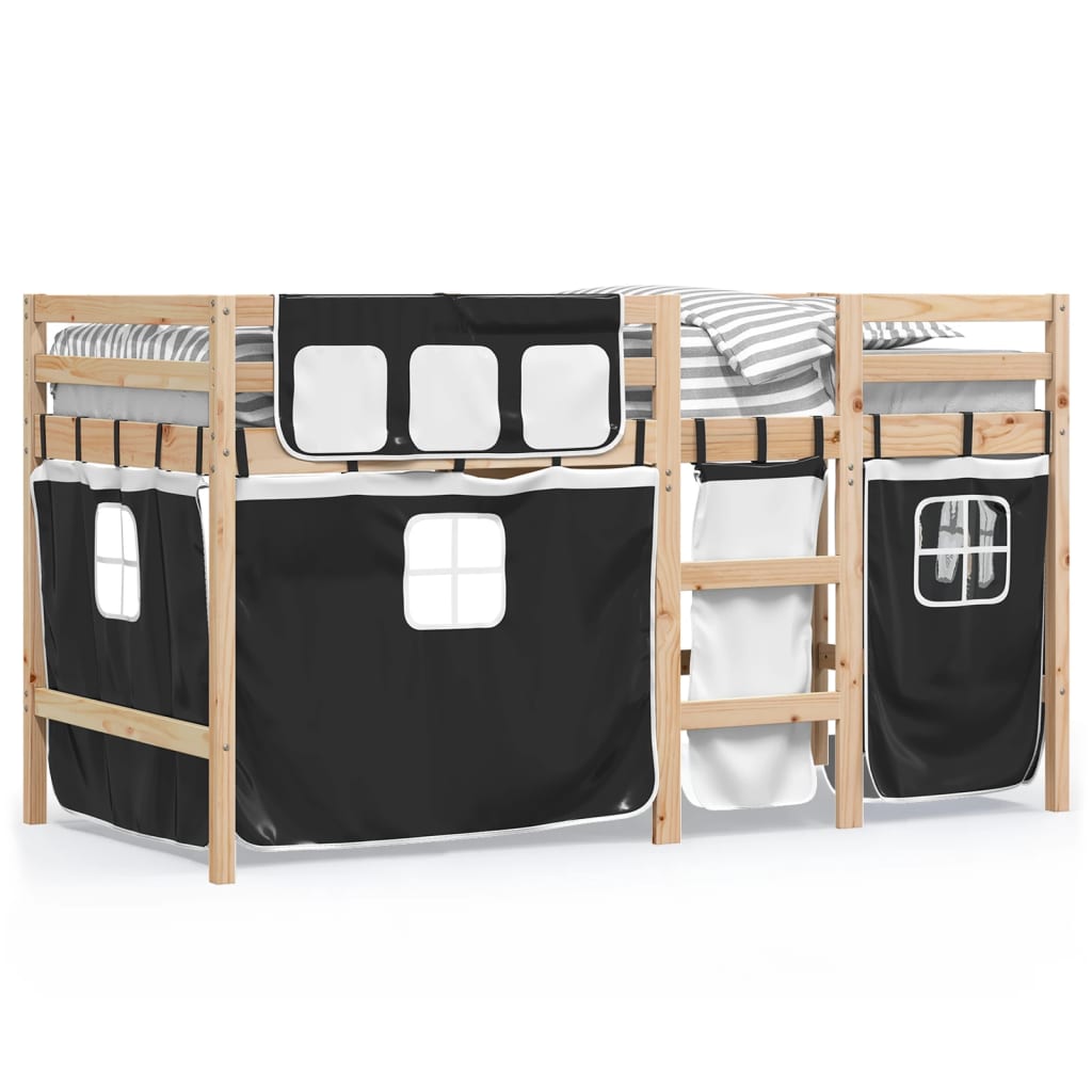 Kids' Loft Bed with Curtains without Mattress White&Black 90x190 cm Single