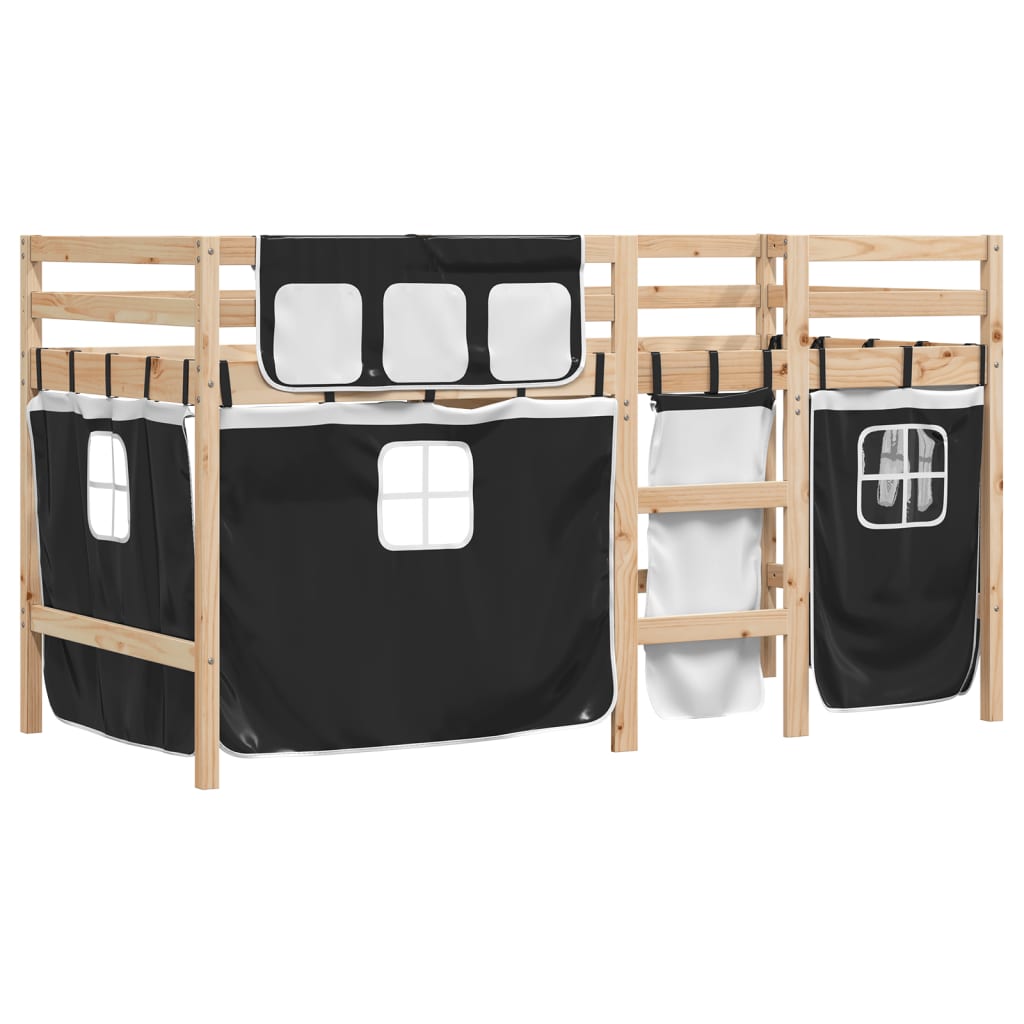 Kids' Loft Bed with Curtains without Mattress White&Black 90x190 cm Single