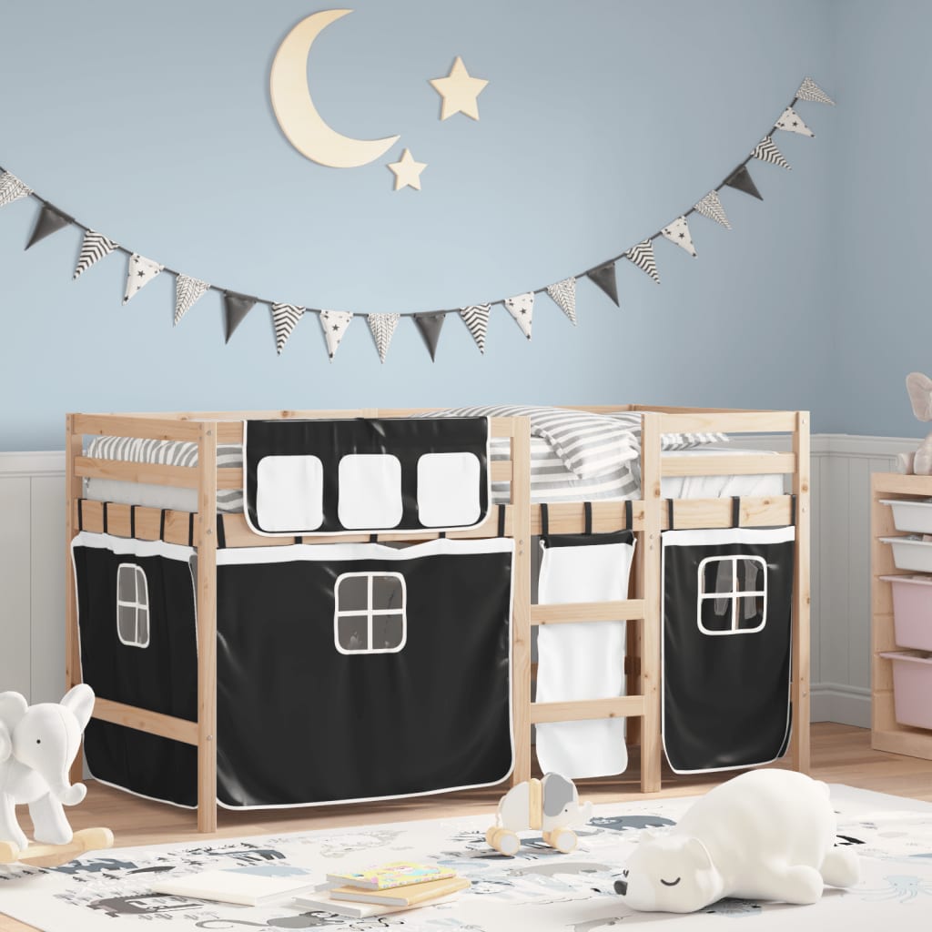 Kids' Loft Bed with Curtains without Mattress White&Black 90x190 cm Single