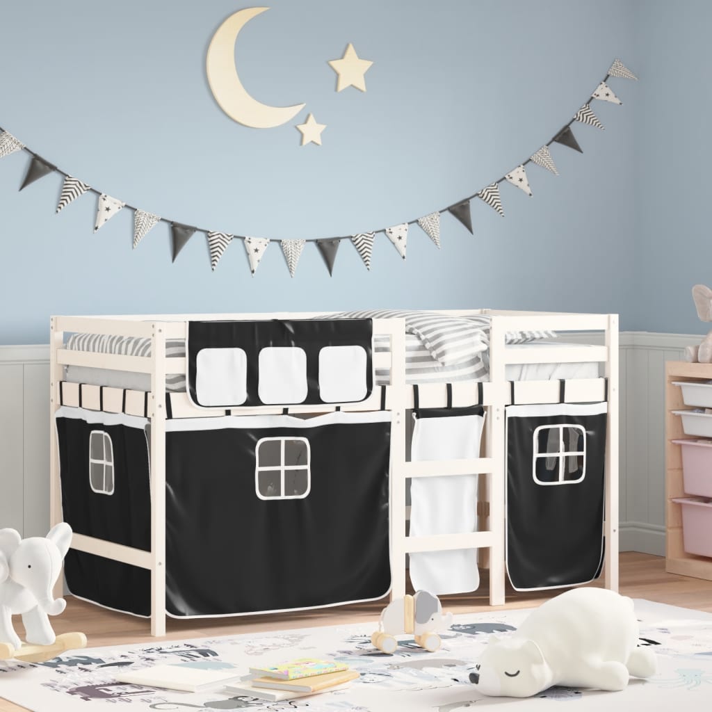 Kids' Loft Bed with Curtains without Mattress White&Black 90x190 cm Single