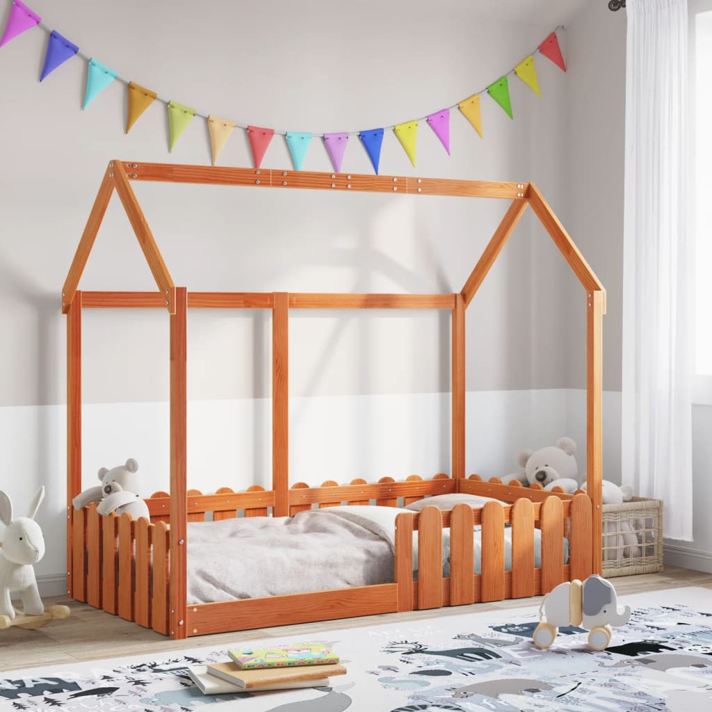 Kids' House Bed Frame Wax Brown 80x160 cm Solid Wood Pine