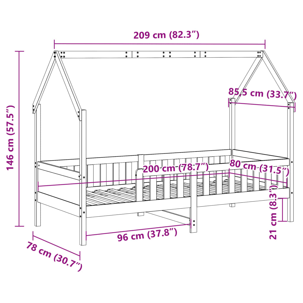 Kids' House Bed Frame Wax Brown 80x200 cm Solid Wood Pine