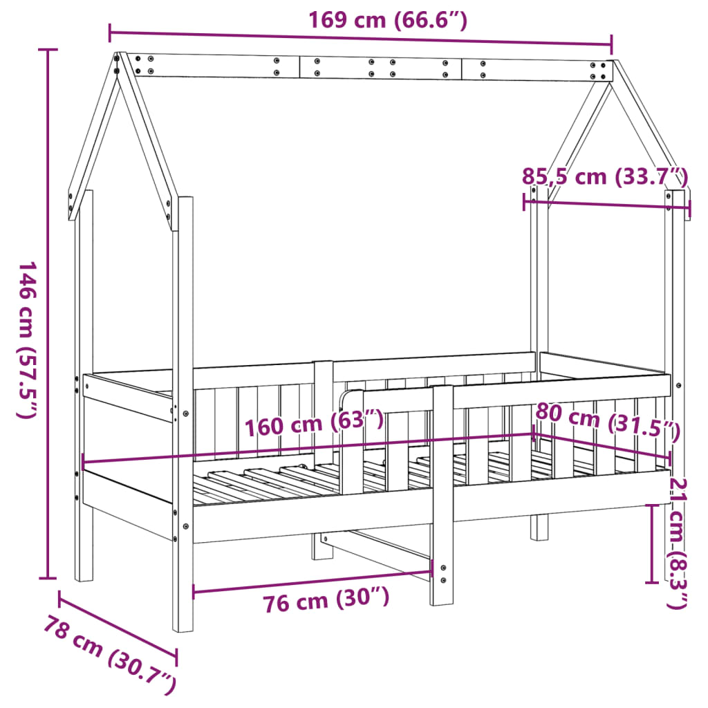 Kids' House Bed Frame Wax Brown 80x160 cm Solid Wood Pine