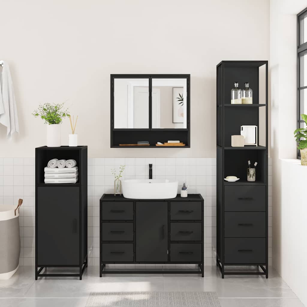 3 Piece Bathroom Furniture Set Black Engineered Wood