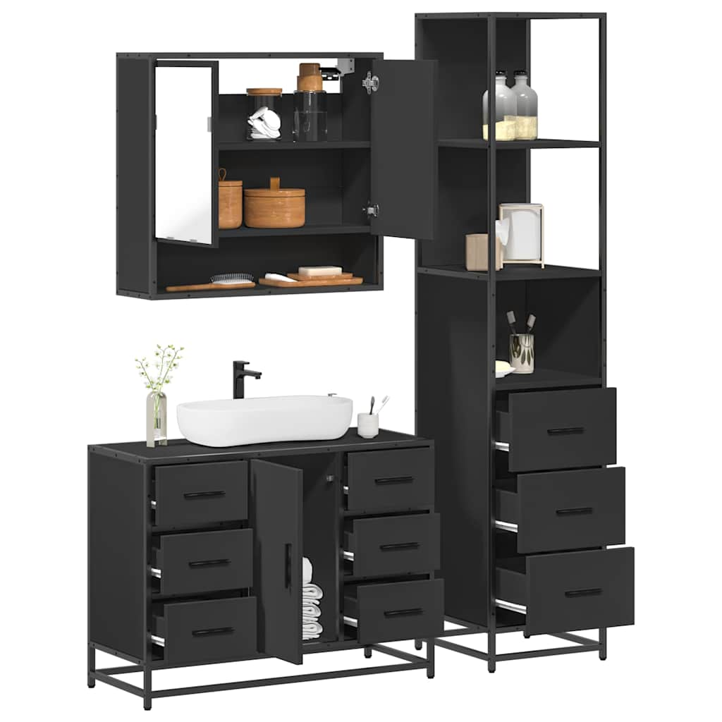 3 Piece Bathroom Furniture Set Black Engineered Wood