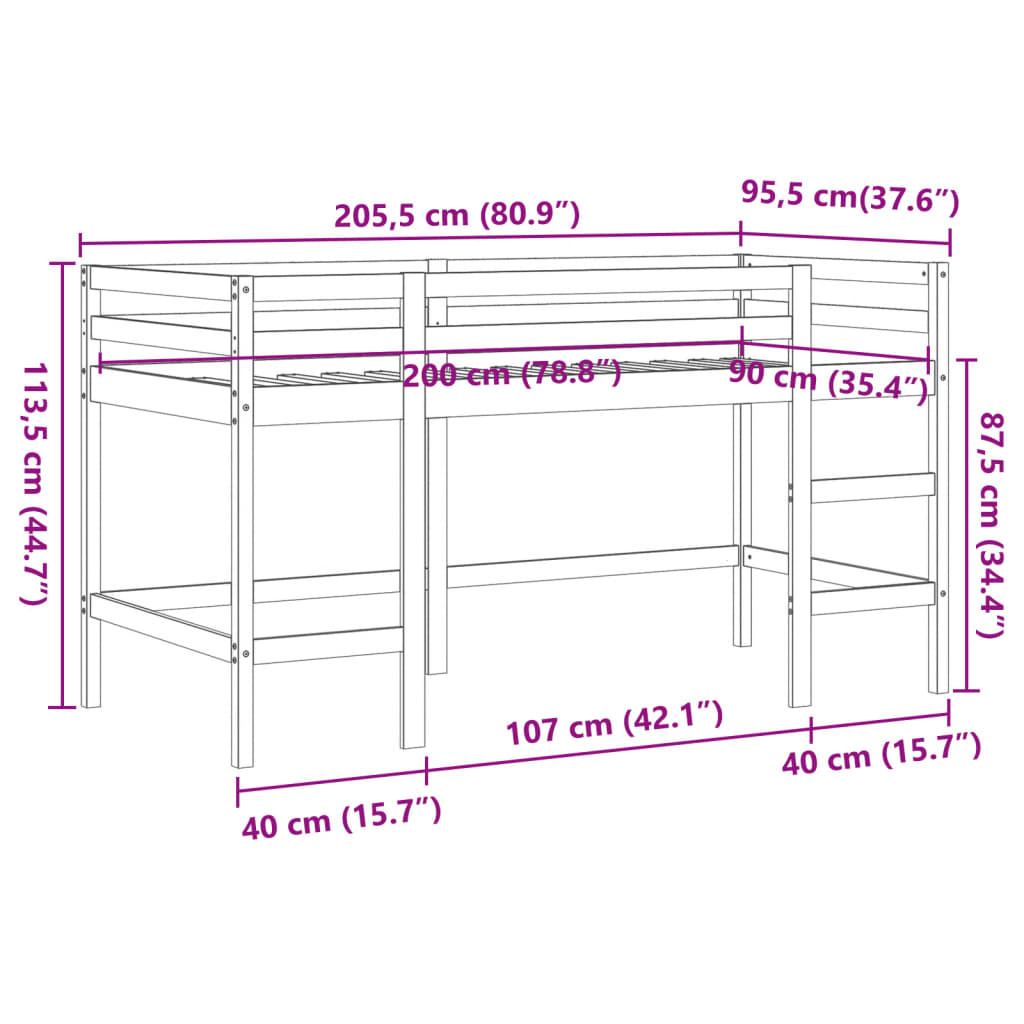 Kids' Loft Bed with Ladder Wax Brown 90x200 cm Solid Wood Pine