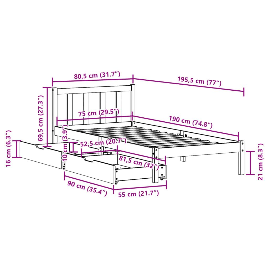 Bed Frame without Mattress White 75x190 cm Small Single Solid Wood Pine