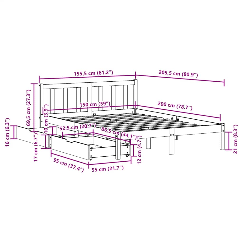 Bed Frame without Mattress Wax Brown 150x200 cm King Size Solid Wood Pine