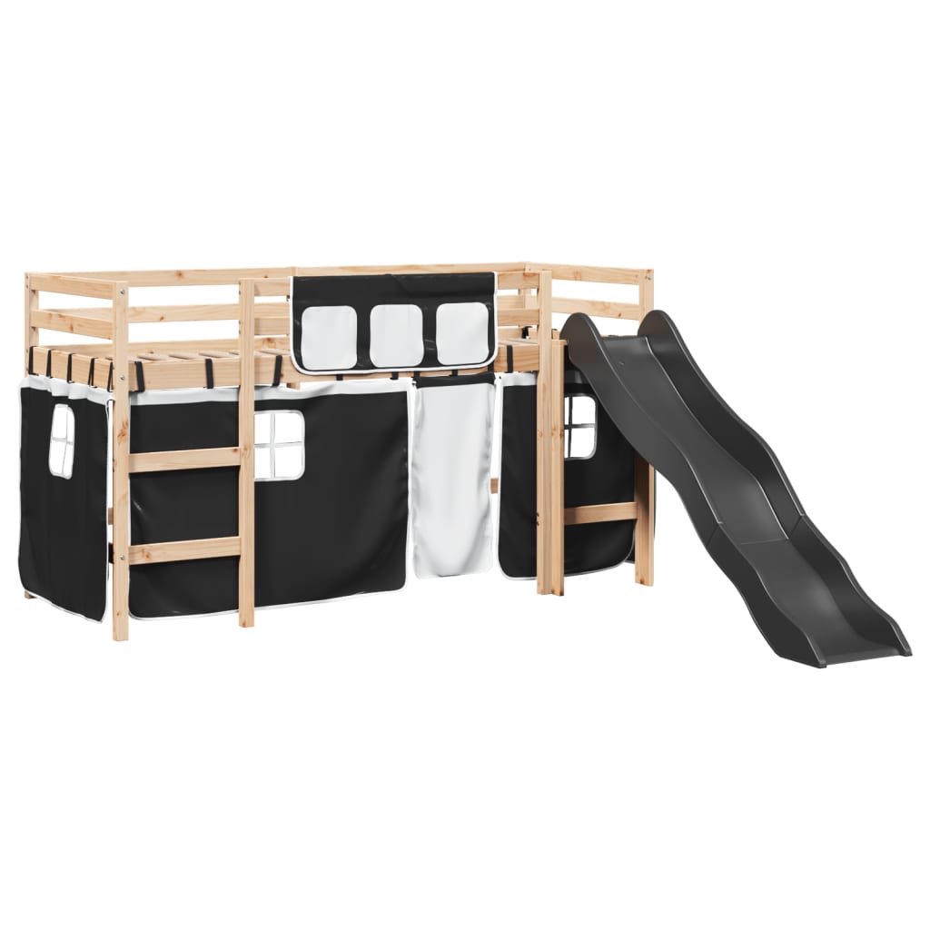 Kids' Loft Bed with Curtains White&Black 80x200 cm Solid Wood Pine