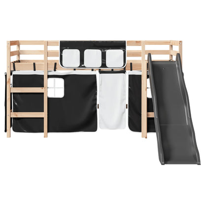 Kids' Loft Bed with Curtains White&Black 80x200 cm Solid Wood Pine