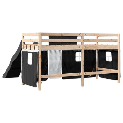 Kids' Loft Bed with Curtains White&Black 80x200 cm Solid Wood Pine