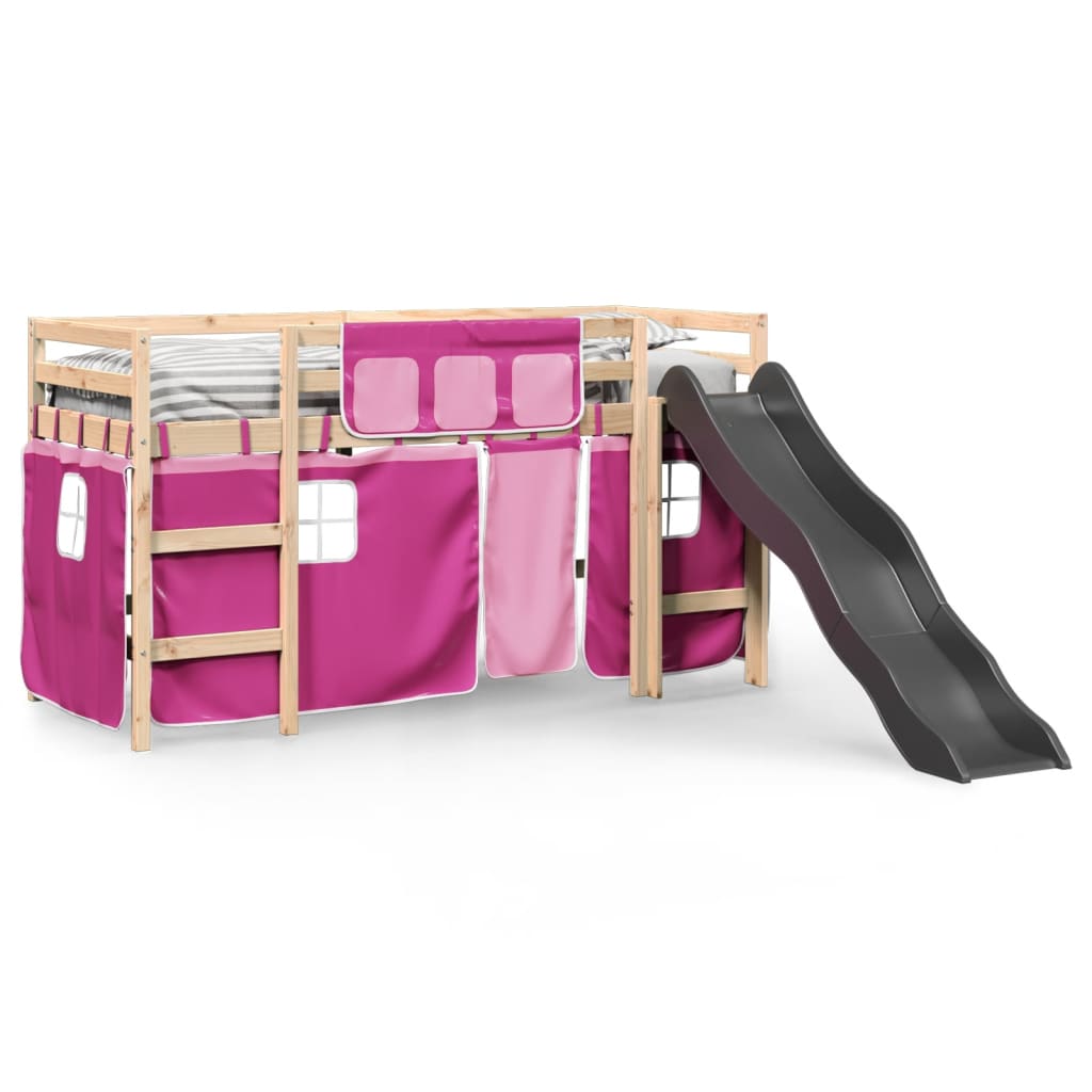 Kids' Loft Bed with Curtains Pink 80x200 cm Solid Wood Pine