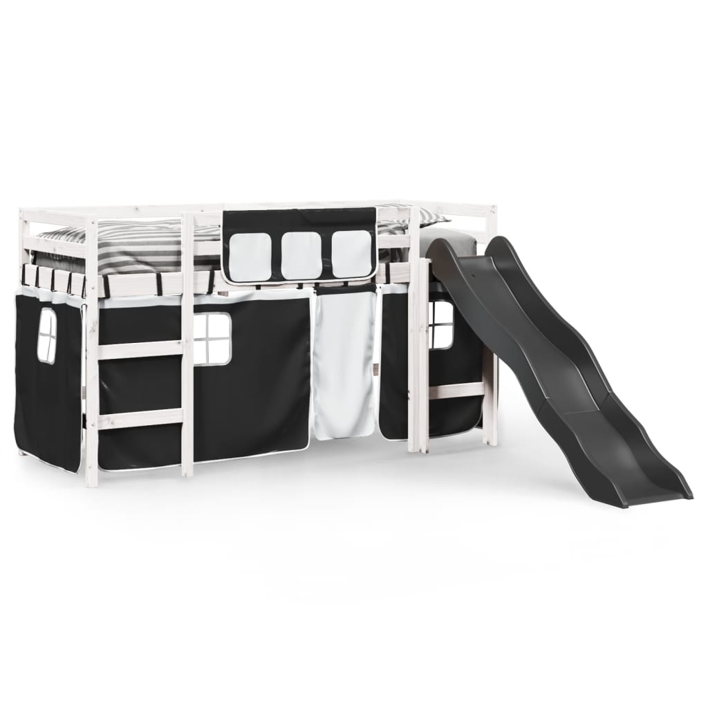 Kids' Loft Bed with Curtains White&Black 80x200 cm Solid Wood Pine