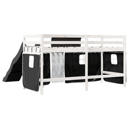 Kids' Loft Bed with Curtains White&Black 80x200 cm Solid Wood Pine