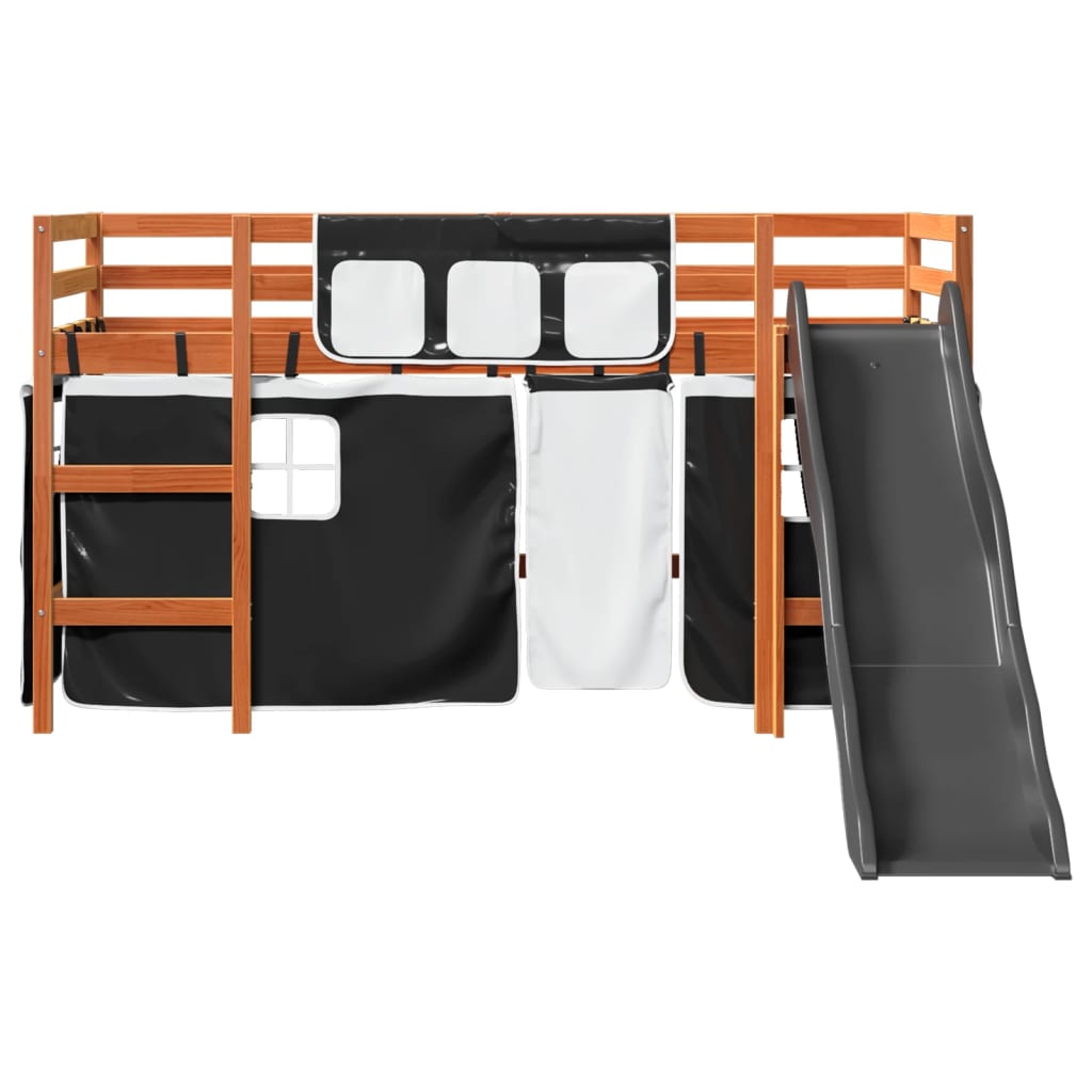 Kids' Loft Bed with Curtains White&Black 80x200 cm Solid Wood Pine