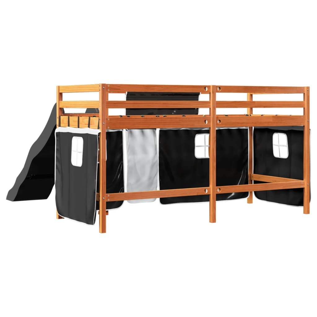 Kids' Loft Bed with Curtains White&Black 80x200 cm Solid Wood Pine