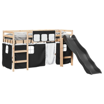 Kids' Loft Bed with Curtains White&Black 90x200 cm Solid Wood Pine