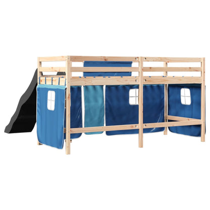 Kids' Loft Bed with Curtains Blue 90x200 cm Solid Wood Pine