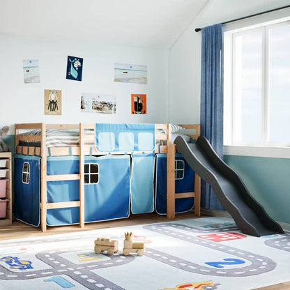 Kids' Loft Bed with Curtains Blue 90x200 cm Solid Wood Pine