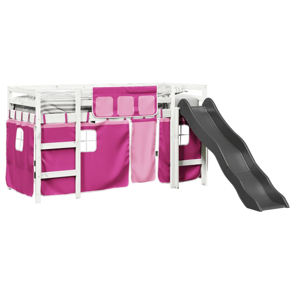 Kids' Loft Bed with Curtains Pink 90x200 cm Solid Wood Pine