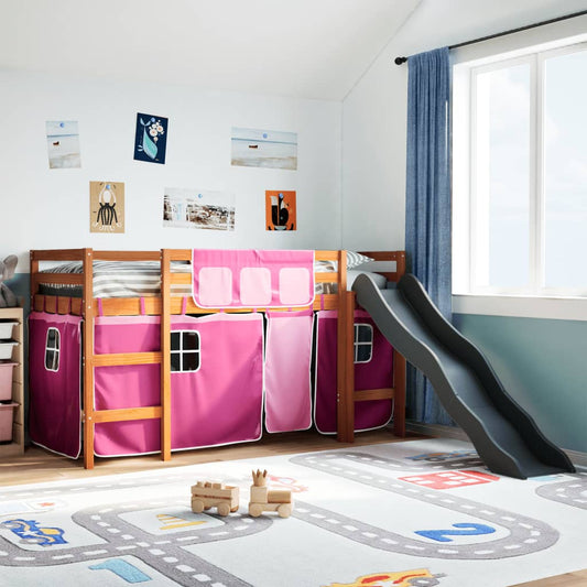 Kids' Loft Bed with Curtains Pink 90x200 cm Solid Wood Pine