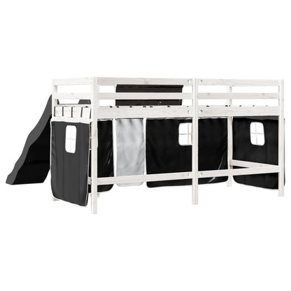 Kids' Loft Bed with Curtains White&Black 90x190 cm Solid Wood Pine