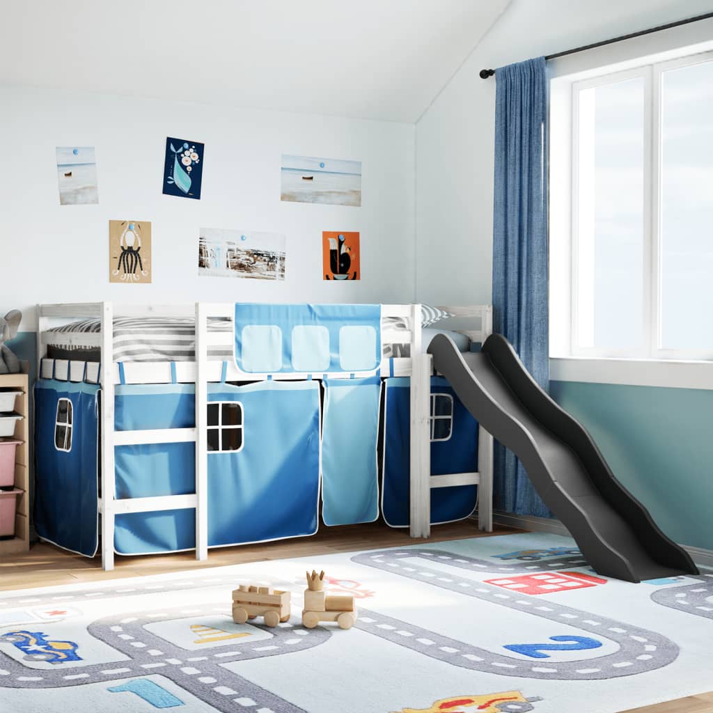 Kids' Loft Bed with Curtains Blue 90x190 cm Solid Wood Pine