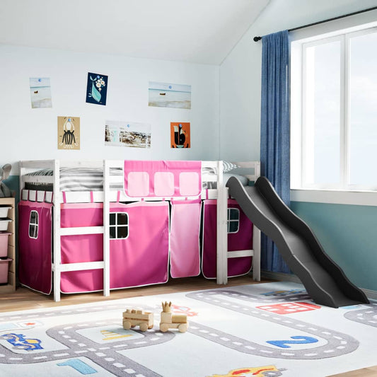 Kids' Loft Bed with Curtains Pink 90x190 cm Solid Wood Pine