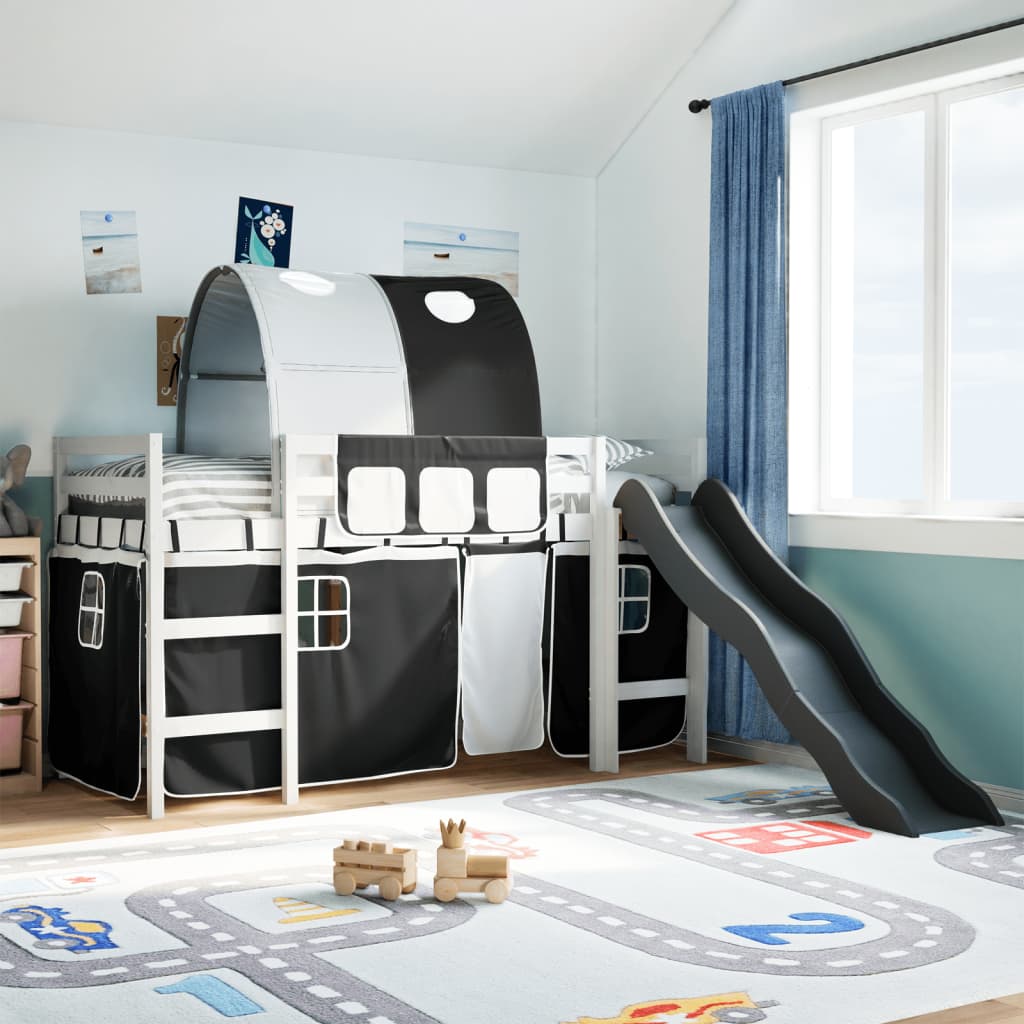 Kids' Loft Bed with Tunnel White&Black 90x200 cm Solid Wood Pine