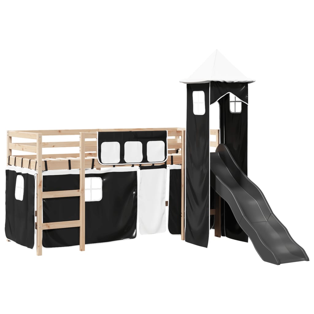 Kids' Loft Bed with Tower White&Black 80x200 cm Solid Wood Pine